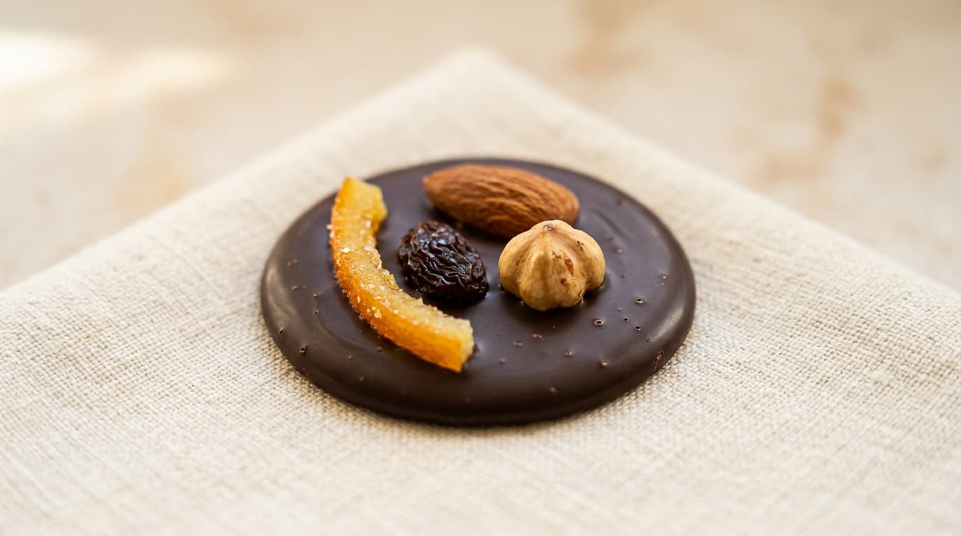 Mendiants de chocolat garnis de fruits secs et d'éclats de noix