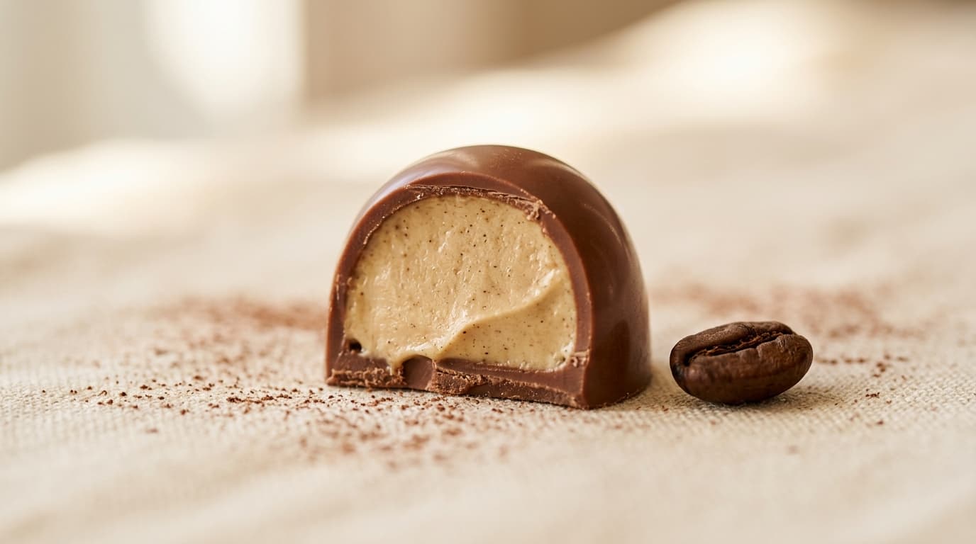Praline moka belge coupée en deux, ganache au café visible