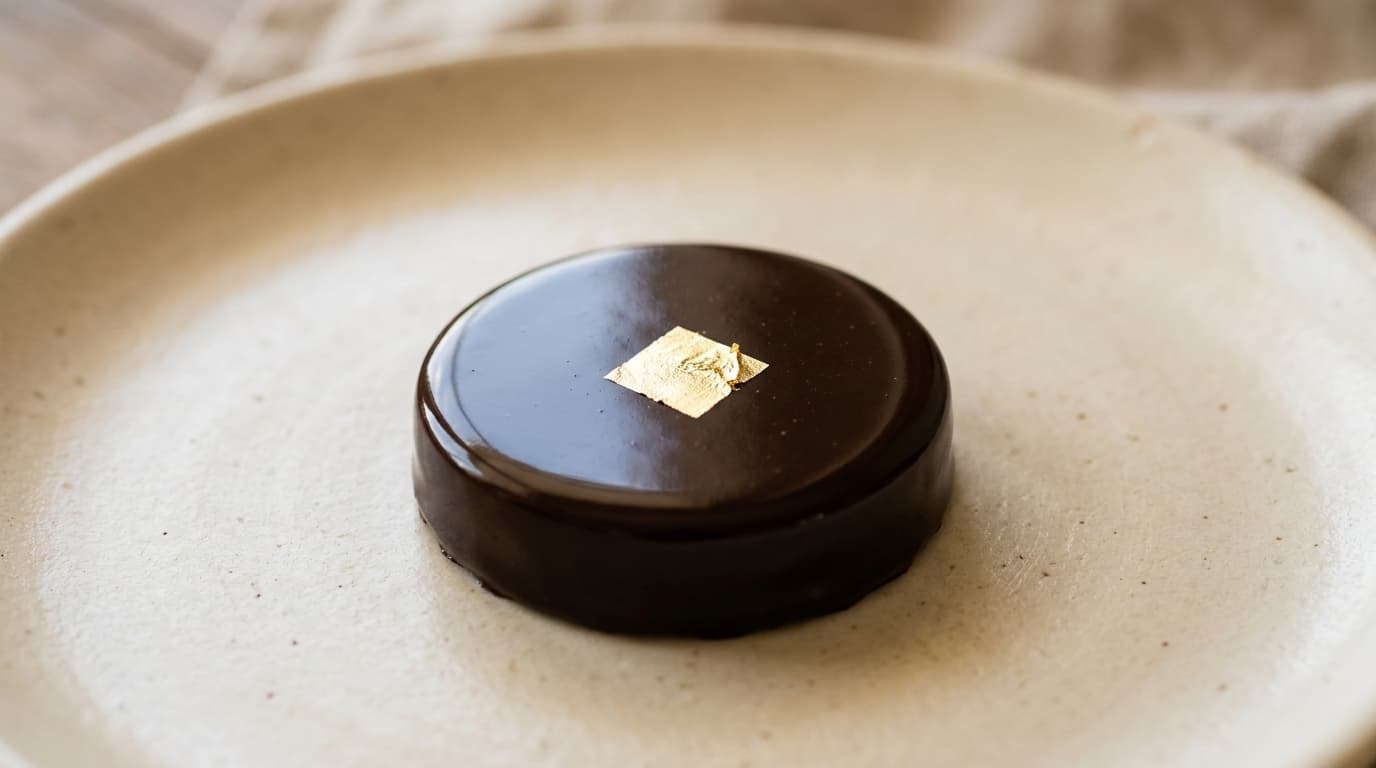 Palets de chocolat noir enrobés à la surface brillante posés sur une plaque